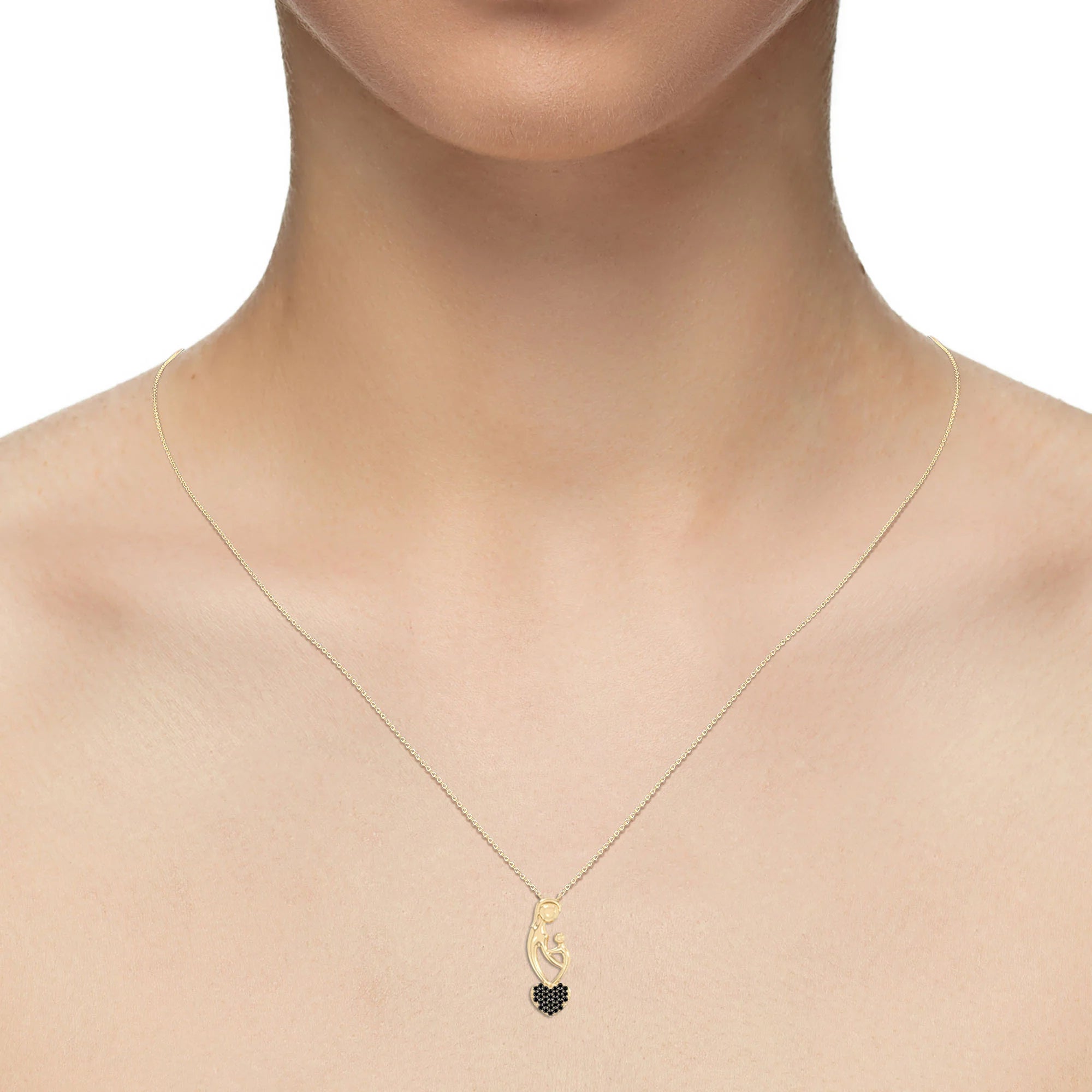 natural black-onyx mother child heart necklaces in yellow gold vermeil 