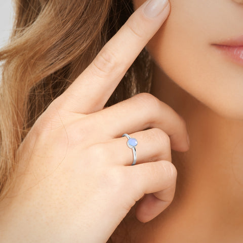 rainbow moonstone round cab stackable bezel-set ring