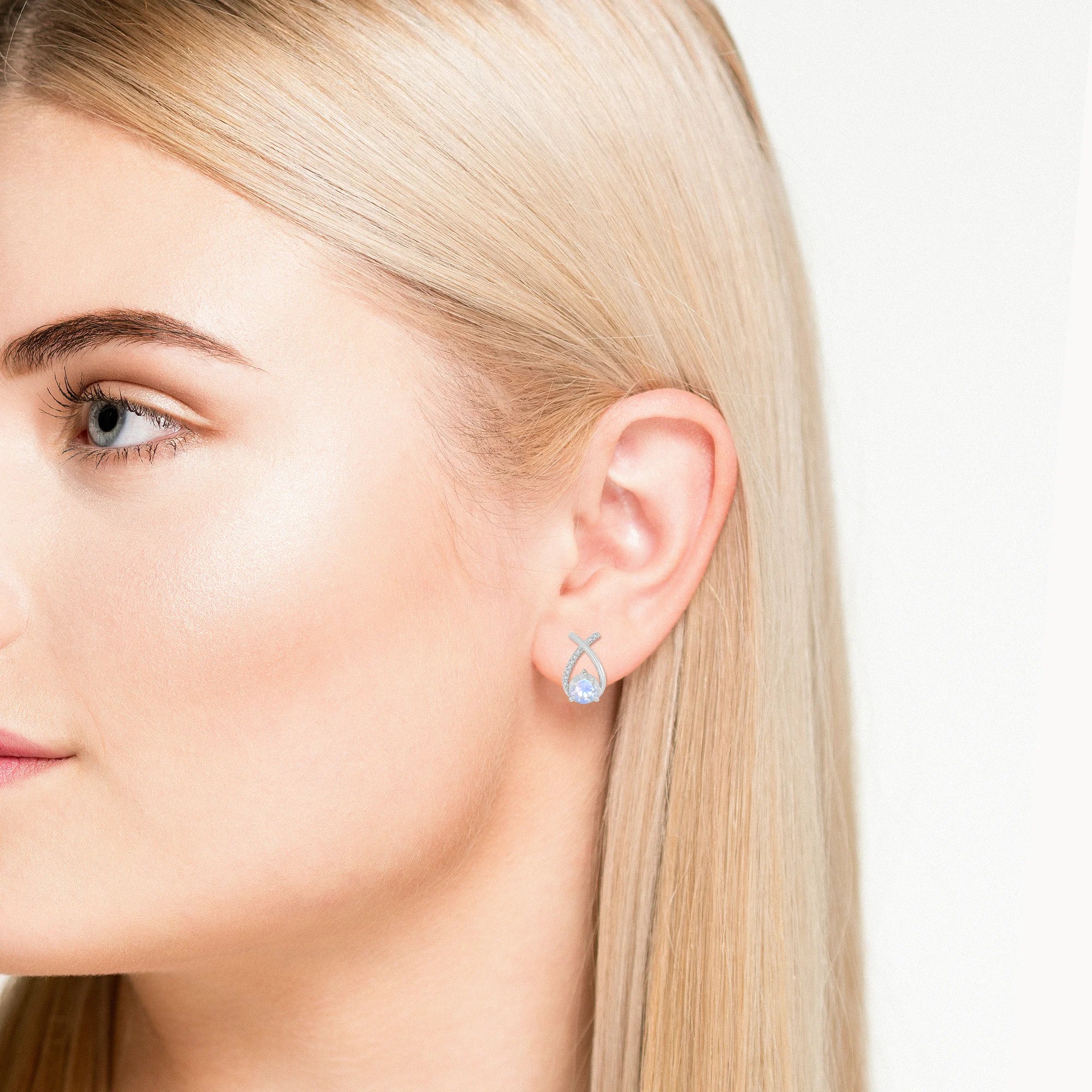 natural rainbow-moonstone fishtail stud earrings in sterling silver 