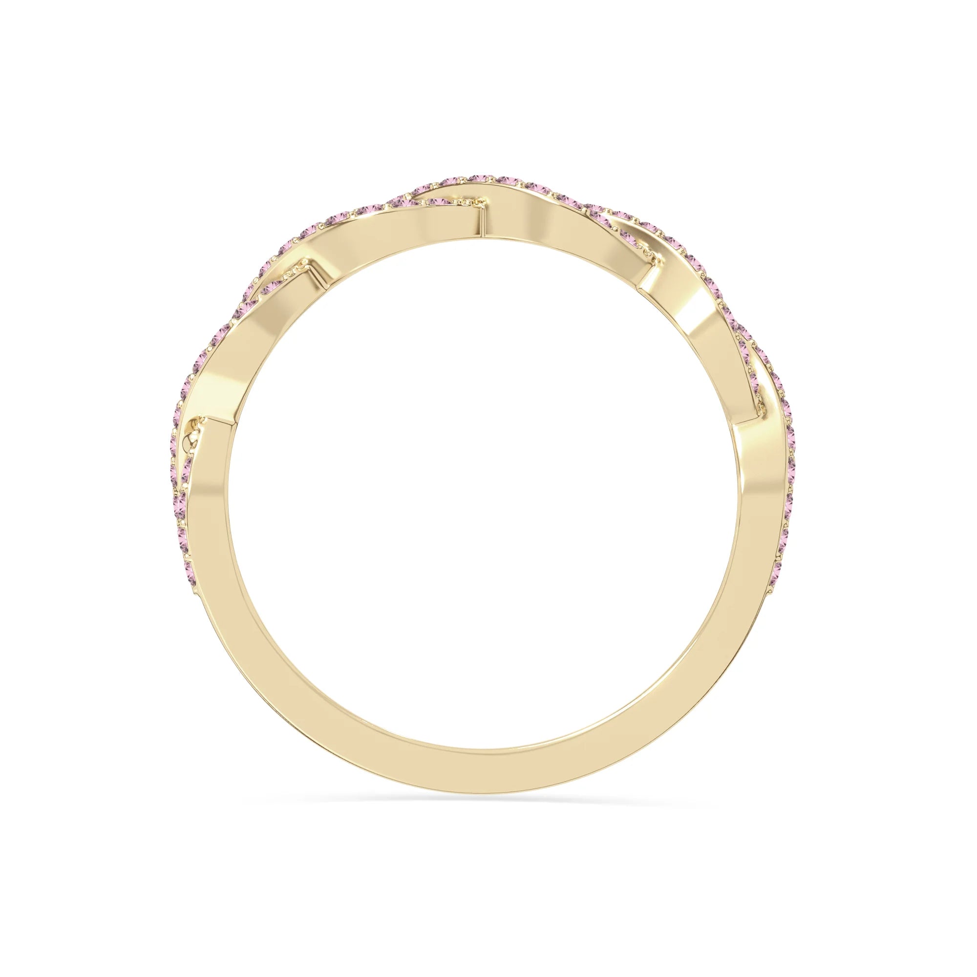 natural pink tourmaline twisted wedding band rings in yellow gold vermeil