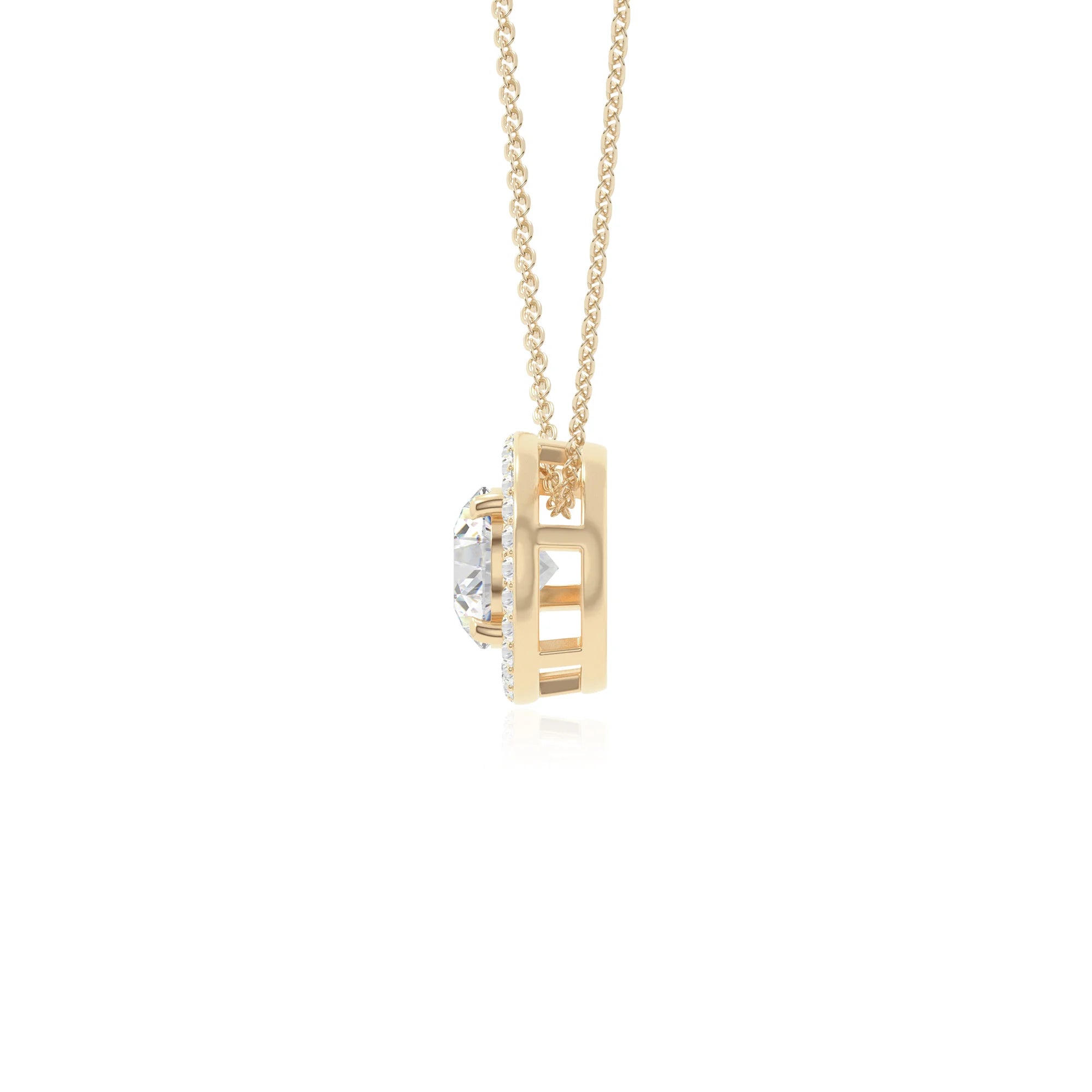 moissanite solitaire halo necklaces in yellow gold vermeil 