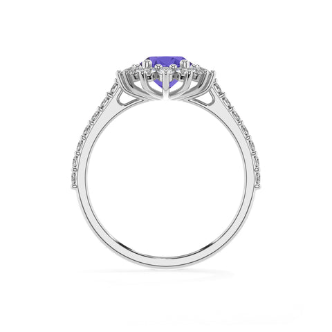 lab-grown tanzanite oval half eterity halo solitaire engagement ring