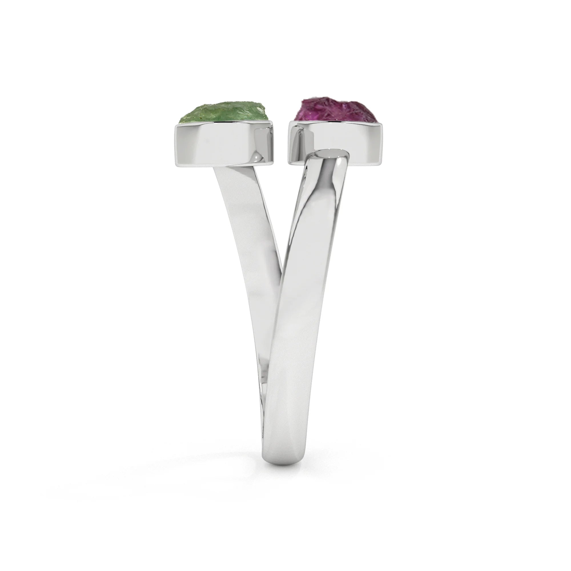 green-tourmaline-pink-tourmaline rough shape stackable bezel-set ring