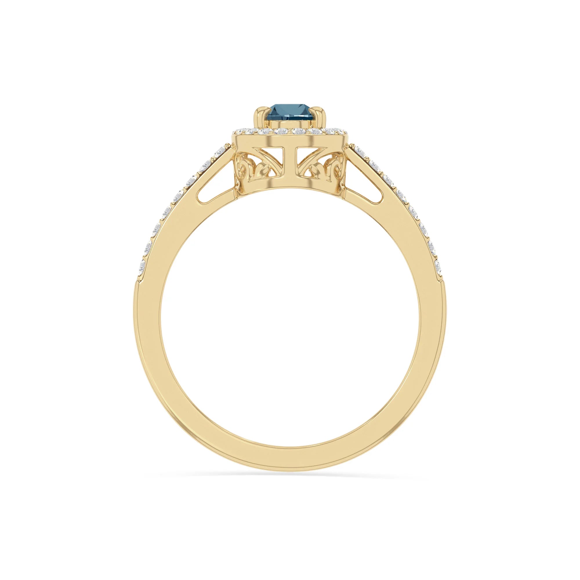 natural london blue topaz solitaire halo engagement rings in yellow gold vermeil