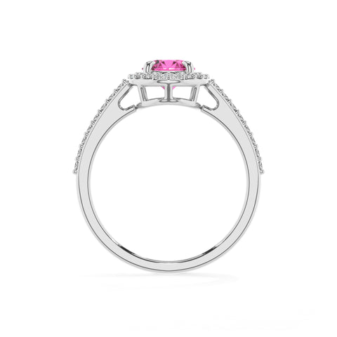 lab-grown pink-sapphire oval half eterity halo solitaire engagement ring