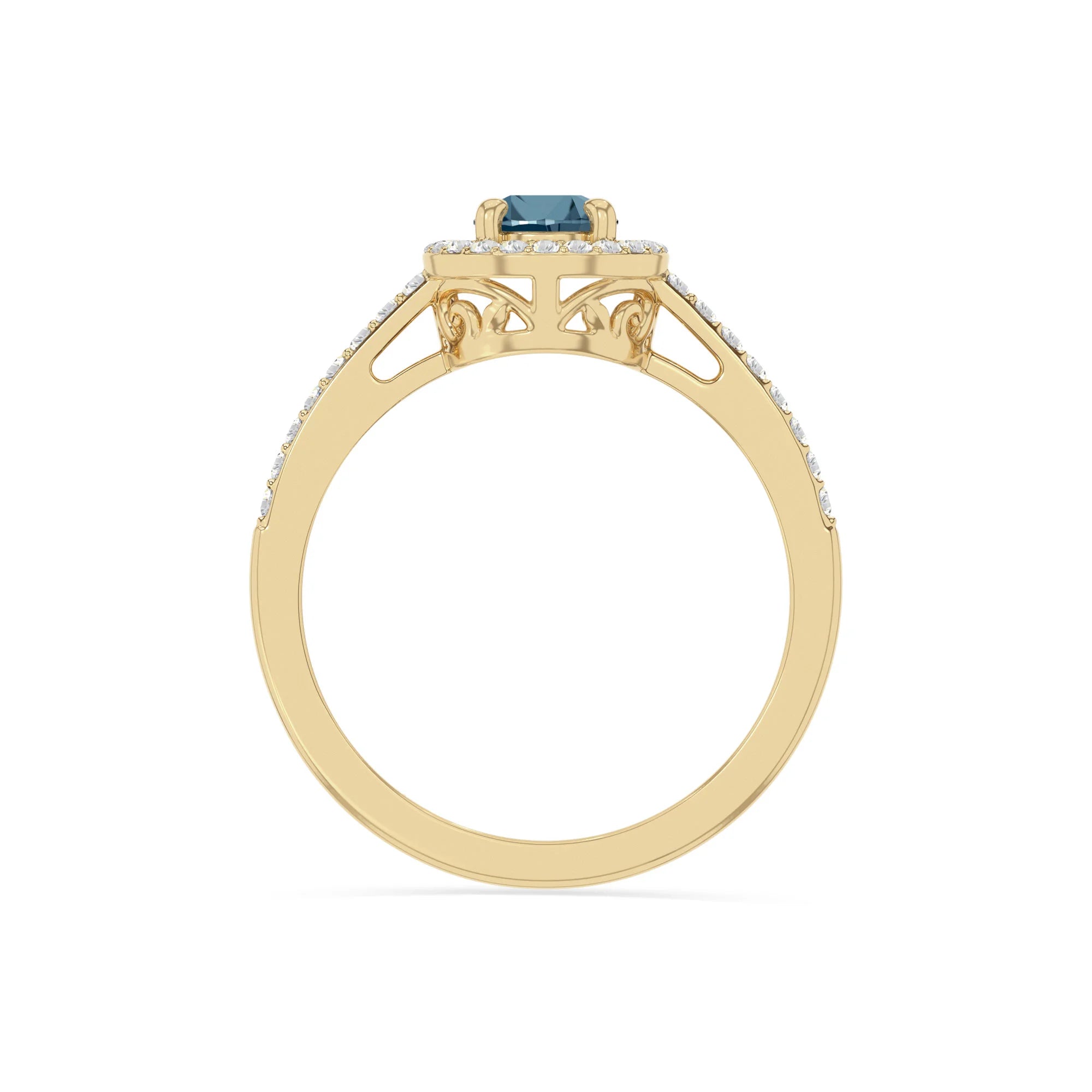 natural london blue topaz solitaire halo engagement rings in yellow gold vermeil