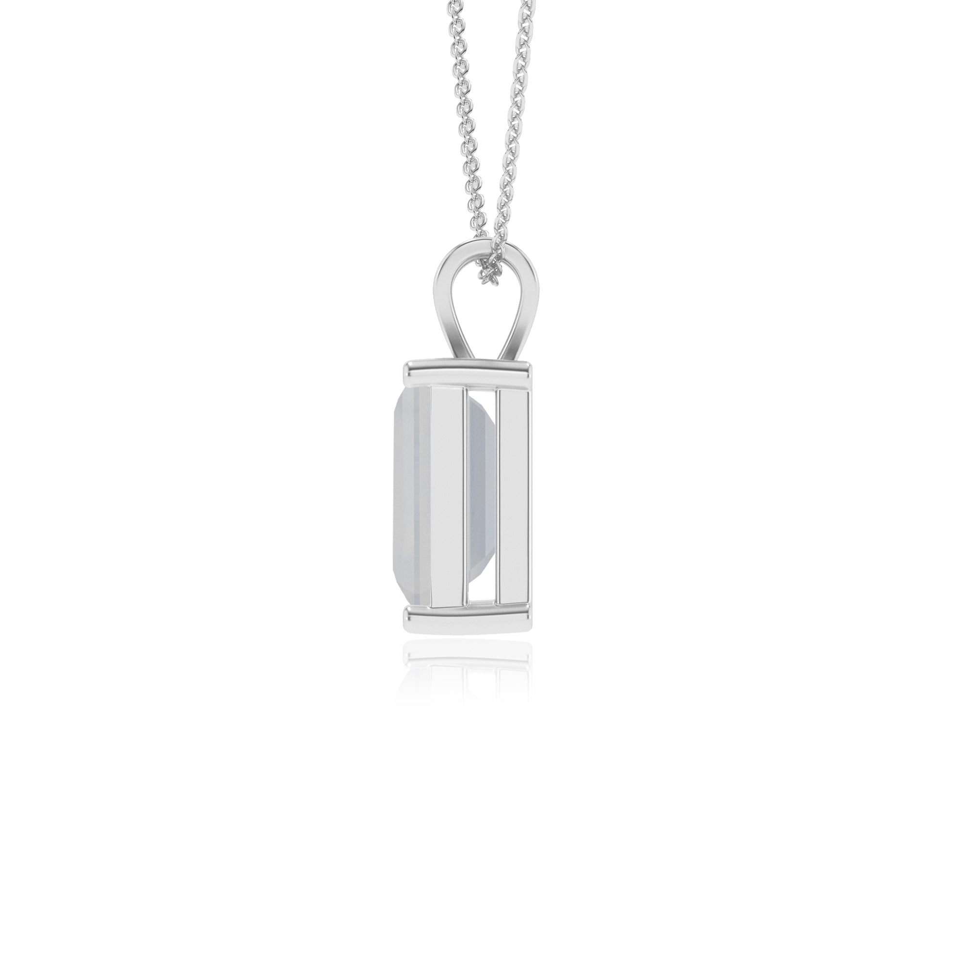 lab grown rainbow moonstone emerald-cut shape solitaire v-bale pendant necklace