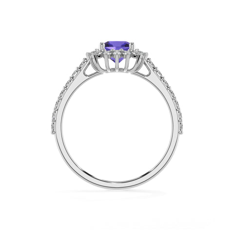 lab-grown tanzanite cushion half eterity halo solitaire engagement ring