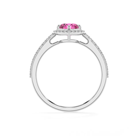 lab-grown pink-sapphire heart half eterity halo solitaire engagement ring