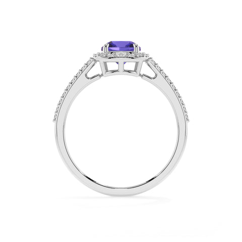 lab-grown tanzanite cushion half eterity halo solitaire engagement ring