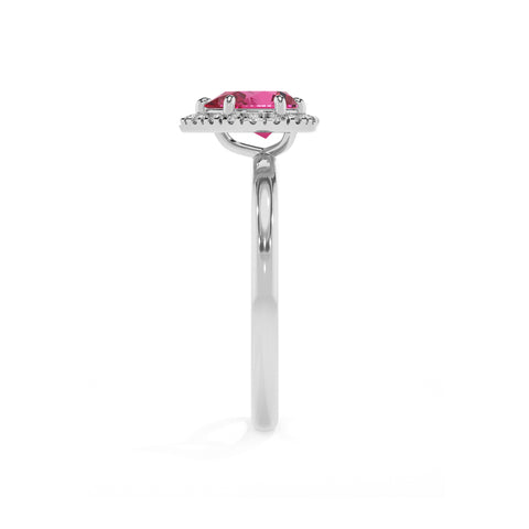 lab-grown pink-sapphire pear halo solitaire engagement ring