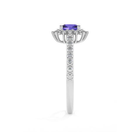 lab-grown tanzanite cushion half eterity halo solitaire engagement ring