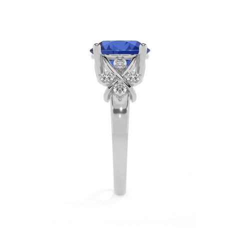 lab-grown blue-sapphire round criss cross solitaire engagement ring