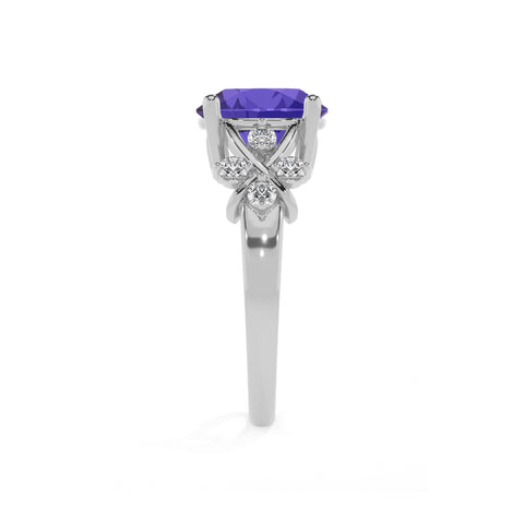 lab-grown tanzanite round criss cross solitaire engagement ring