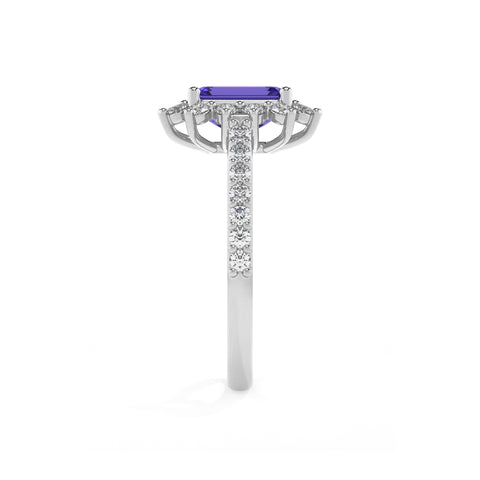 lab-grown tanzanite emerald half eterity halo solitaire engagement ring