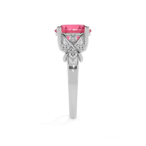 lab-grown pink-tourmaline round criss cross solitaire engagement ring