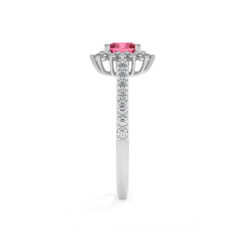 lab-grown pink-tourmaline cushion half eterity halo solitaire engagement ring