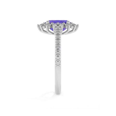 lab-grown tanzanite oval half eterity halo solitaire engagement ring