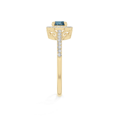 natural london blue topaz solitaire halo engagement rings in yellow gold vermeil