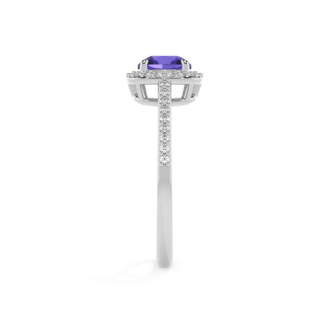 lab-grown tanzanite cushion half eterity halo solitaire engagement ring