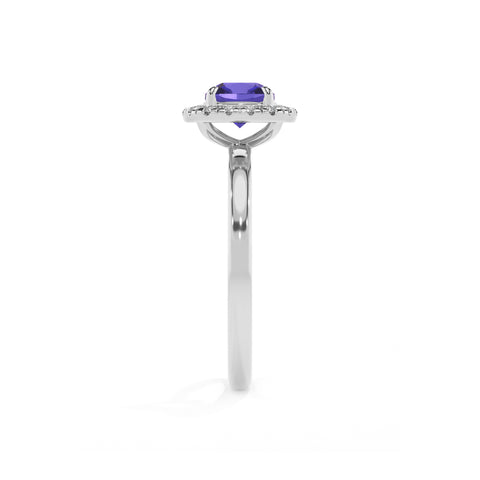 lab-grown tanzanite cushion halo solitaire engagement ring