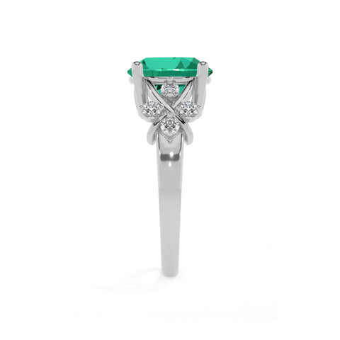 lab-grown emerald round criss cross solitaire engagement ring