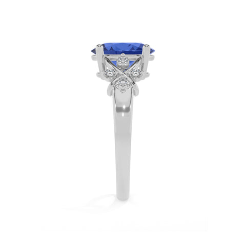 lab-grown blue-sapphire oval criss cross solitaire engagement ring