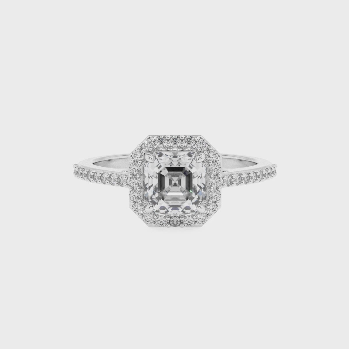 lab-grown moissanite asscher half eterity halo solitaire engagement ring