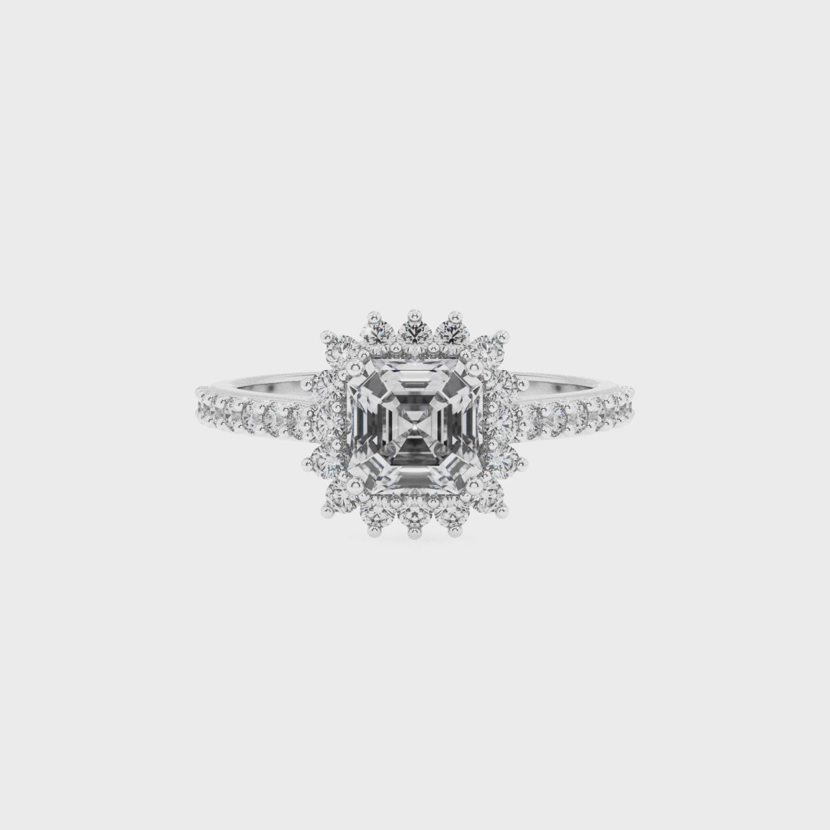 lab-grown moissanite asscher half eterity halo solitaire engagement ring